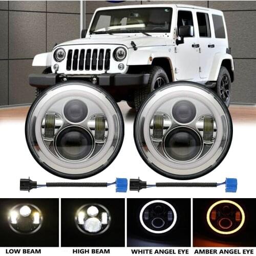 Pair 7"inch LED Projector Chrome Hi/Lo Headlight For Jeep Wrangler JK TJ Land Rover Defender 90 & 110 Plymouth Peterbilt 359 379