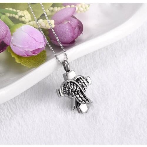 IJD8177 Shiny Finished Stainless Steel Angel Wing Feather Wrapped Cross Cremation Necklace Engravable Memorial Urn Pendant Women