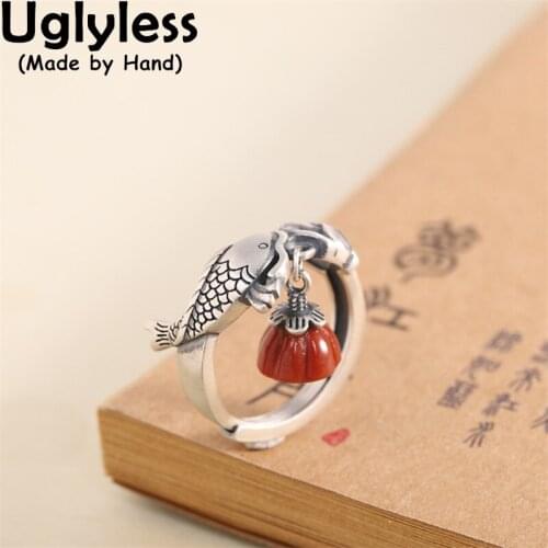 Uglyless Thai Silver Carp Fish Rings for Women Natural Meaty Agate Peace Button Rings Vintage Eastern Dress Jewelry 925 Silver