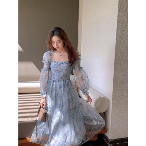 Summer Puff Sleeve Dress Women French Square Collar Floral Midi Dress Elegant Slim Ruffled Cake Skirt Boho Beach Dress For Women