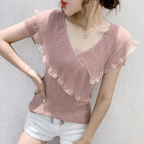 Summer Ruffled Mesh Splicing Knit Tops Female Short Sleeve V Neck Slim Simple Lace Blouse Thin Solid Casual Fashion Shirt Spring