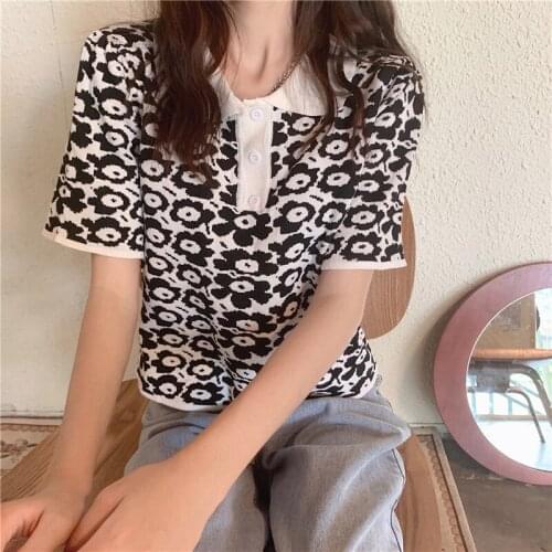 LJSXLS Vintage Floral Knitted Top Femme Korean Fashion Turn-down Collar Womens Sweater Summer All-match Short Sleeve Pullovers