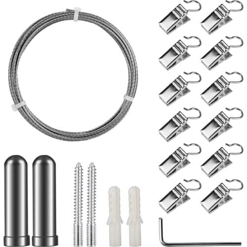 Curtain Drape Wire Rod Set with 12 Clips, Stainless Steel Picture Hanging Wire Clothesline Wire Multi-Purpose Set Hang Photos, N