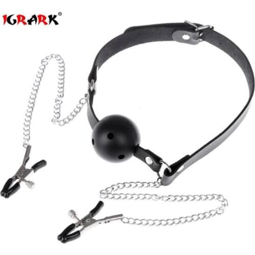 Mouth Gag Ball Fetish Bondage With Nipple Breast Clamp Clip Chain Couple SM Sex Toys For Woman Sex Tools Couples Adult Games