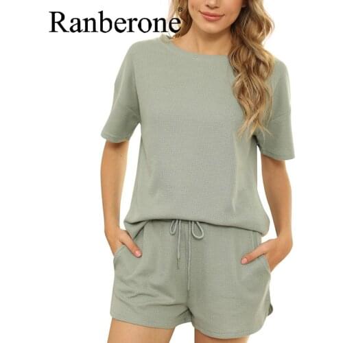 Ranberone Sport Suit Female Womens Solid Color Short Sleeves With Short Two Piece Casual Home Suit Summer Clothes Matching Sets
