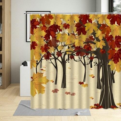 Autumn Nature Scenery With Hooks Bathroom Curtains Yellow Maple Leaf Shower Curtain Waterproof Wall Decoration Screen Multi Size