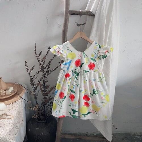 Hollead 2021 Summer Girls Printing Dresses Kids Fly Sleeve Princess Clothes Baby Girls V-Neck Back Sweet Dress Children Costume