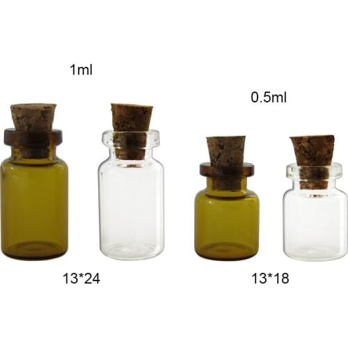 50 x 0.6ml Empty Mini Small Glass sample bottle With Eye Hook 0.6cc Amber Transparent glass vials with cork