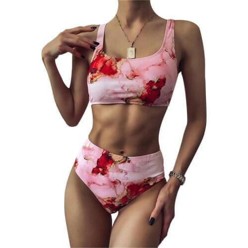 Sleeveless Bikini Womens Sexy Swimwear Classic Printing Bare Midriff Bikini Tank Tops Briefs Two-pieces Tankini Women Biquini