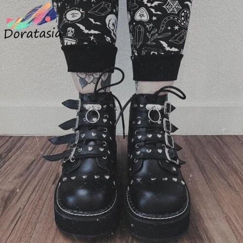 DORATASIA Brand New Female Street Boots Sikud Buckle Lace Up Zipper Heart Decoration Platform Women Boots Casual Punk Shoes