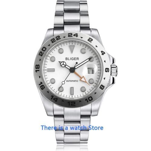 Bliger 43mm White Dial Large Size Mens GMT Mechanical Watch Luminous Sapphire Glass Date Automatic Movement Watch