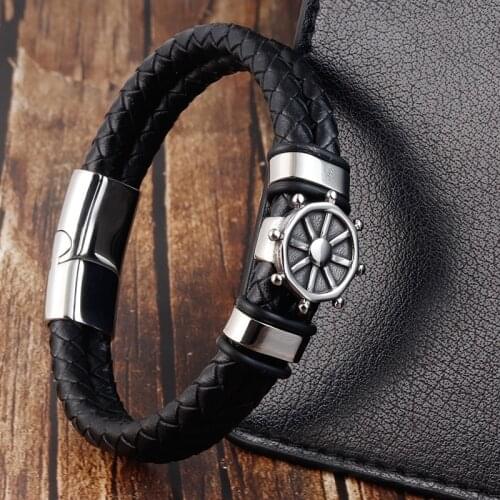 Black Genuine Leather Bracelet for Men Punk Braided Rope Steel Magnetic Button Male Bracelet Jewelry Birthday Gift