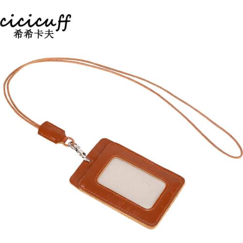 Employee Badge Holder Genuine Leather Work ID Card Sling Students Card Cover Casual Men Women Chest Card for Work Credentials