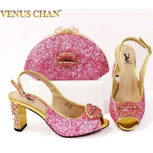 Italian Ladies Pink Color Ladies Shoes and Bags To Match Set Decorated with Rhinestone Nigerian Women Wedding Shoes and Bag Set