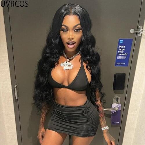 UVRCOS Two Piece Set Women Skirt Summer Fashion Hollow Out Backless Halter Top And Shirring Folds Mini Dresses Combinations Suit