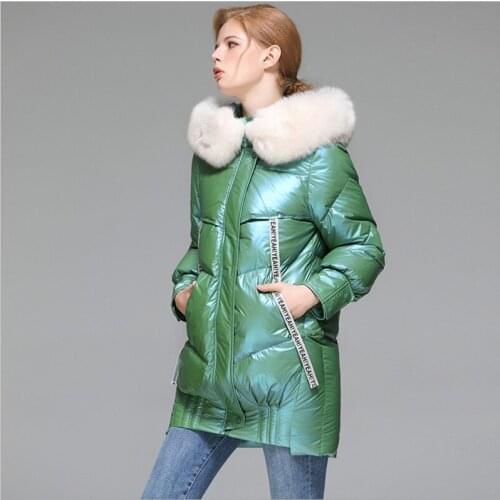 2020 new winter fox fur collar coat 90 white duck down jacket hooded green coats shiny thick down jackets short overcoat outwear