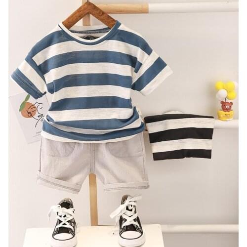 Little Boy’s Short sleeved Shorts Set Summer Fresh Stripe Round Neck Tops and Solid Color Short Boys Set