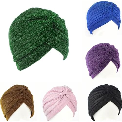 Fashion Gold Turban Cap Plain Shiny Shimmer Glitter Sparkly Indian Hats Muslim Hijab For Women and Men
