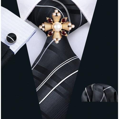 Novelty Striped Men 8.5cm Black Tie 100% Silk Polyester Necktie Hanky Cufflinks Brooch Set For Wedding Mens Corbatas N-5005