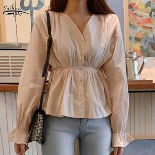 Long Sleeve Solid Vintage Thin Women Blouses V-neck French Waist Tie Chiffon Shirt Cardigan Slim Fit Button Shirts Blusas 11697