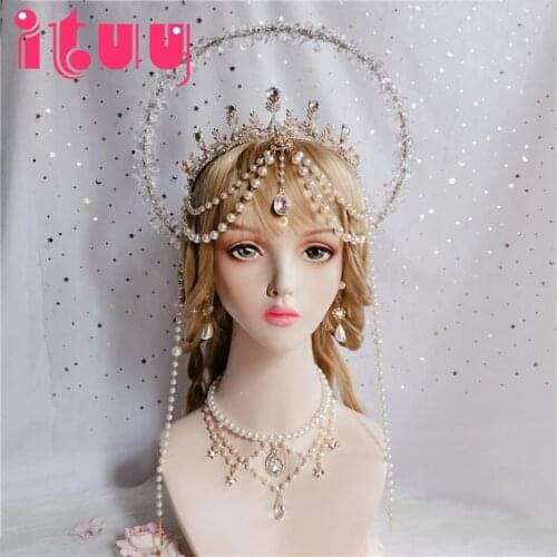 Handmade Notre Dame Apollo Sun Lolita KC Crystal Crown Headband Wedding Crystal Pearl Crown Halo Necklace Hair Accessories Set