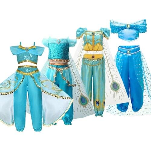 Girls Jasmine Costume Kids Halloween Princess Dress Up Children Christmas Carnival Birthday Party Outfit Clothes Accessories