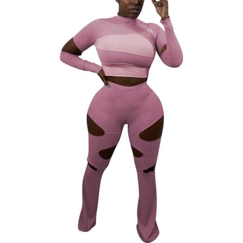 Casual Women Two Piece Set Knit Ribbed Color Patchwork Flare Pants Sportsuit Streetwear Clothes For Women Outfit