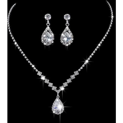 Luxury Female White Crystal Jewelry Set Charm Silver Color Wedding Dangle Earrings For Women Cute Bridal Geometry Chain Necklace