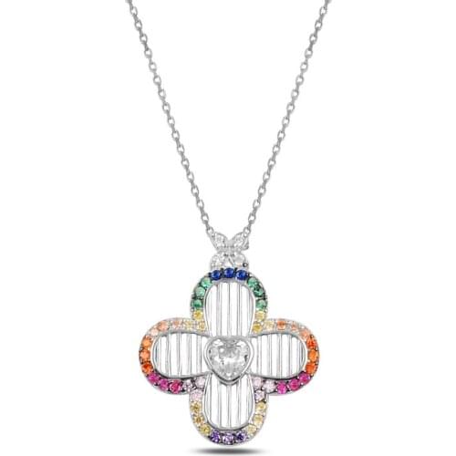 Silver 925 Sterling Clover & Heart Colorful Zircon Stone Necklace
