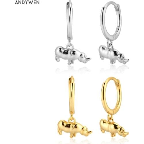 ANDYWEN 200 New 925 Sterling Silver Gold Animal Rhinoceros Piercing Rock Puck Drop Earring Women Fashion Luxury Jewelry