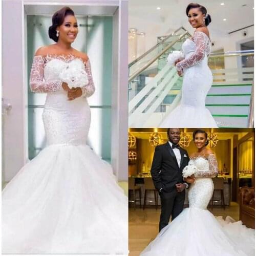 African Mermaid Wedding Dresses Luxury Lace Off Shoulder Wedding Gowns Beaded Tulle Covered Button Saudi Long Sleeve Bridal