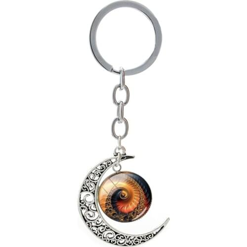 TAFREE Rotate Floral Pattern Round Glass Key Chains Hollow Out Moon Accessories Keyring Abstract Flowers Trendy Jewelrys