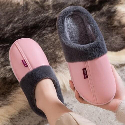 Leather Slippers For Women Flannel stain resistant waterproof slippers Fluffy plush fur soft house slippers Non-slip big size