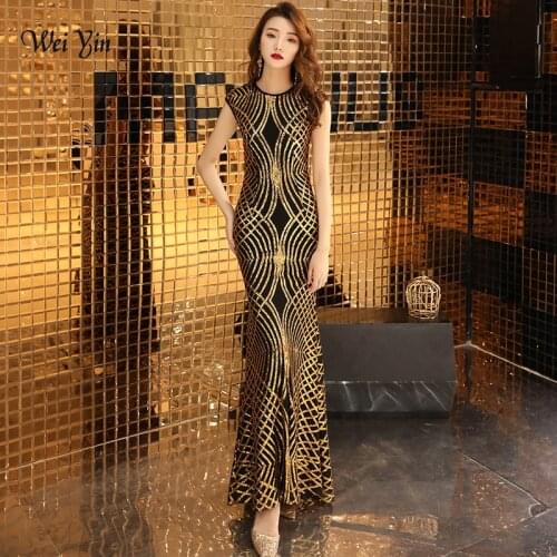 Weiyin Gold Sequined Mermaid Evening Dresses O Neck 2021 New Arrival Floor Length Long Party Dresses for Women WY1180