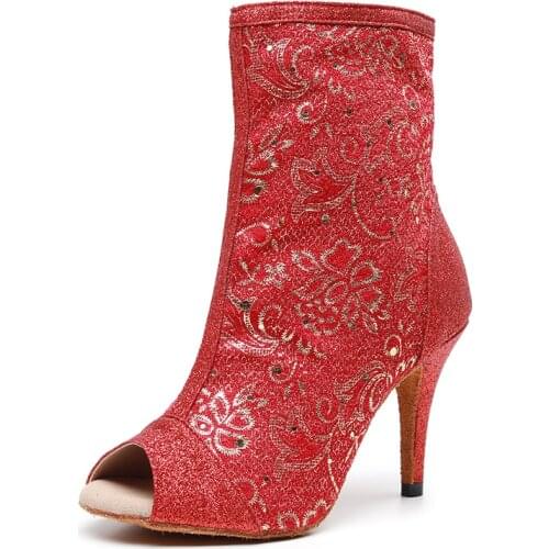 Women Latin Dance Boots Red Gliiter Cloth Bachata Salsa Dance-shoes Soft Sole Ballroom Dancing Shoes for Wedding Party Sandals