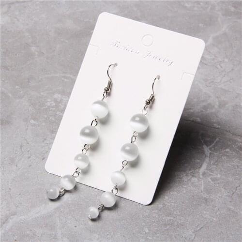 White cat eye flash gem stone beads charm Dangle Earrings silver color chain Ear hook Long earring Lady Fashion Jewelry Gifts