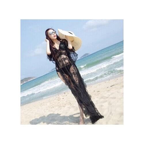 Women Dresses Casual Long Black Short Sleeve V-Neck See Through Beach Wear Lace Sexy Dress
