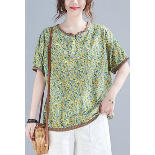 Women Cotton Linen Casual T-shirts New Arrival 2021 Summer Simple Style Vintage Print Loose Comfortable Female Tops Tees S3643