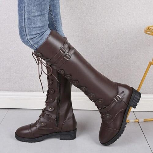 Women Metal Buckle Knee High Boots Womens Roman Lace Up Shoes Woman Cool Low Heel Female Boot Ladies Leather Footwear Plus Size
