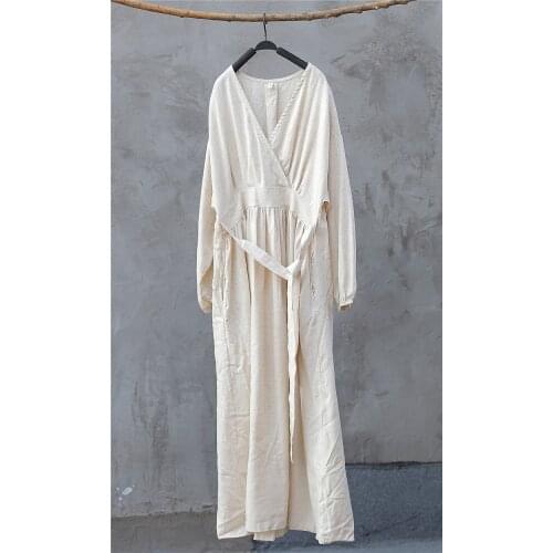 Women Loose V Neck Vintage Bamboo Linen Dress Ladies Loose Retro Dresses Female Flax Dress Spring Autumn