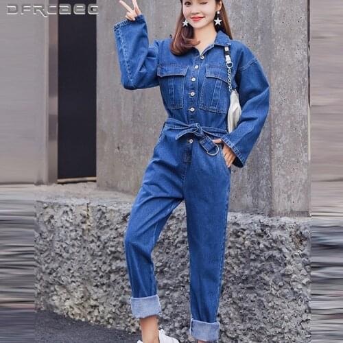 Blue Womens Retro Denim Jumpsuit Pants Rompers 2019 Autumn Streetwear Bodycon Female Loose BF Style High Waist Jeans Overalls