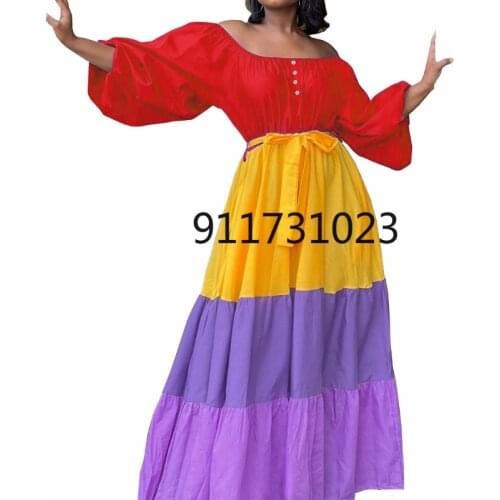 Summer 2021 New Arrival Women Sexy Lantern Sleeve Regular Patchwork Bohemian Long Dress Woman Dress Maxi Dresses for Women