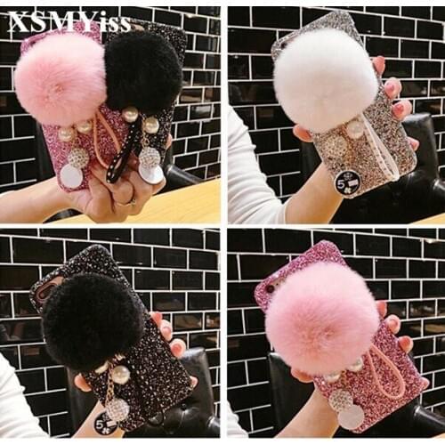For iPhone 11 Pro MAX 6 6S 7 8 Plus X XS MAX XR Girls Fashion Glitter pearl Pendant Fur Ball Bling Hard Phone case Back Cover