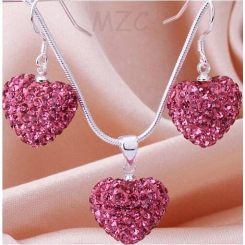 Snake chain +Frhty53ft Pink 12*14mm Red heart Silver Plated crystal Necklace Earring Set
