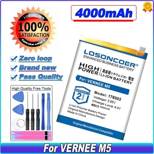 0 Cycle 100% New LOSONCOER 4000mAh 178003 Battery for VERNEE M5 High Capacity Batteries Free tools Stand Holder Stickers