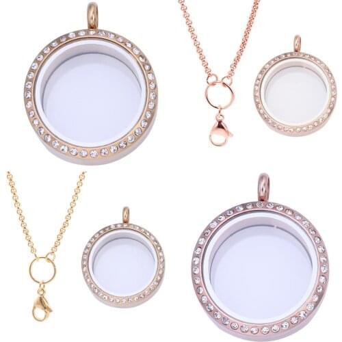 1pcs Rose Golden 30MM Stainless Steel Twist Waterproof Glass living Memory Crystal Locket pendant Necklace for Floating charms