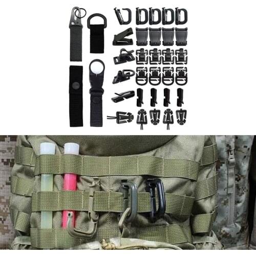 34Pcs Tactical Gear Clip Buckle Strap D-ring Hooks Keychain Strap for Molle Backpack Webbing Attachments Outdoor Tools