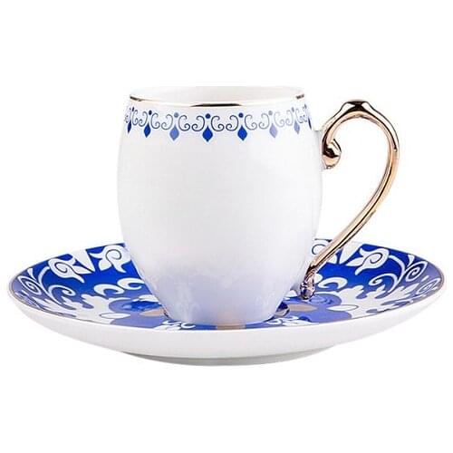Turkish Coffee Cup Set Gold Blue Patterned Porcelain Greek Arab Espresso Modern 12 Piece