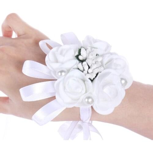 Women Bridesmaid Girl Wedding White Wrist Corsage Artificial Rose Wrist Flower Imitation Pearl Jewelry Bracelet Prom Party Decor