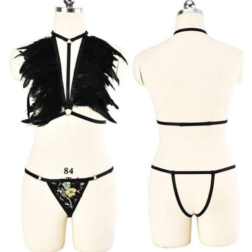 JLX.HARNESS Goth Feather Epaulettes Bondage Body Harness Set & Wear Mesh Transparent Harness Belt G-string Briefs Festival Rave